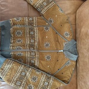 Anthropologie Tan and Gray Embroidered Bomber Jacket